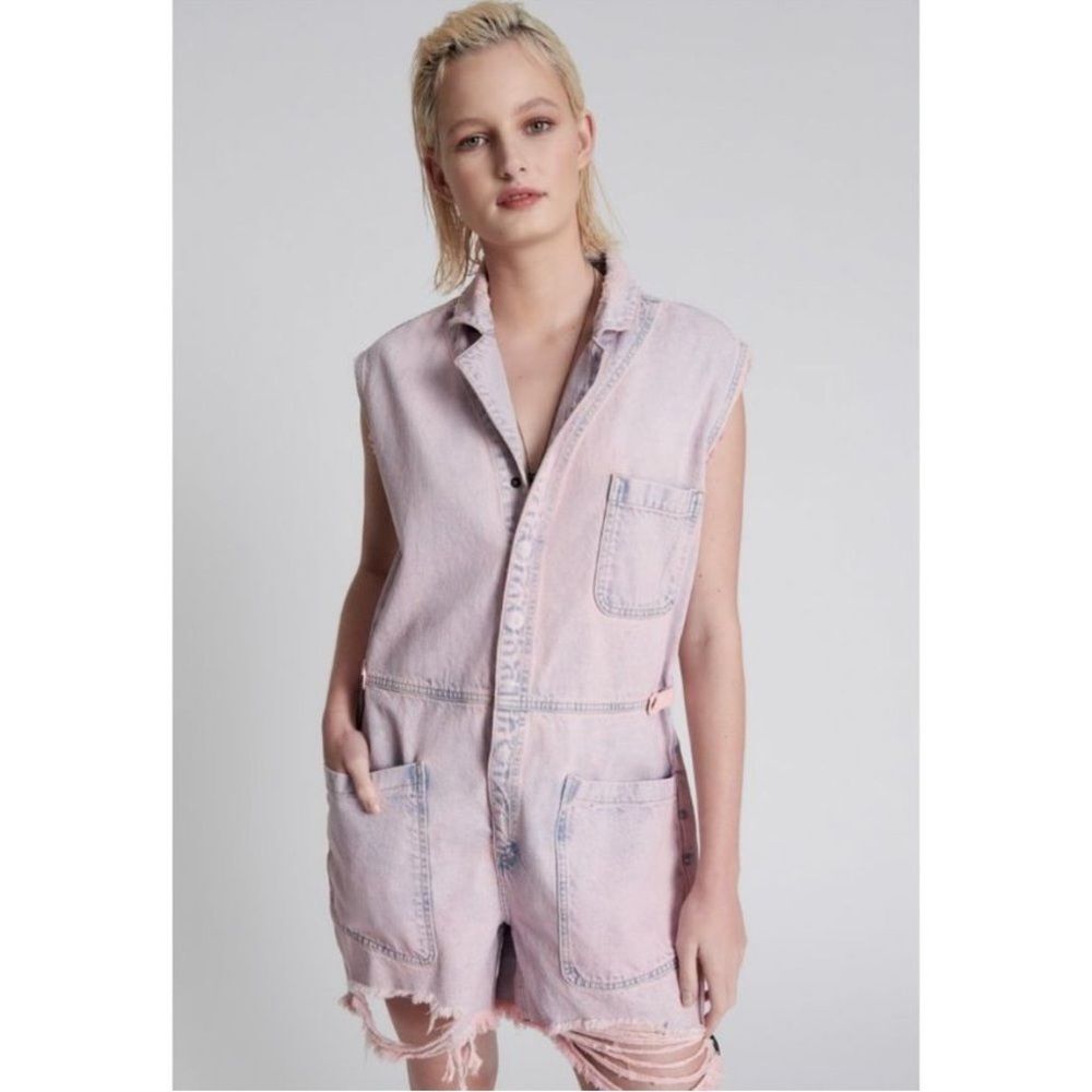 One Teaspoon Light Pink Denim Sleeveless Romper